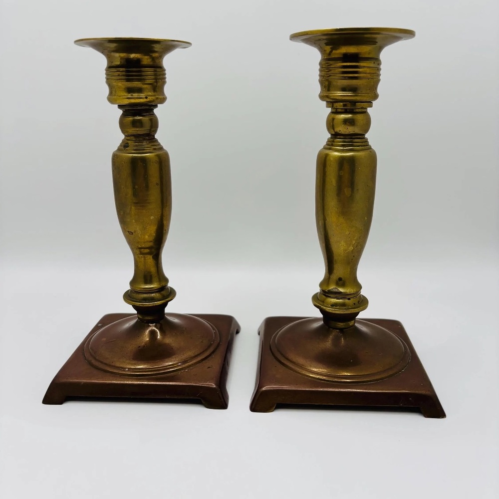 Pair of Vintage Brass Candlesticks with Copper Base
